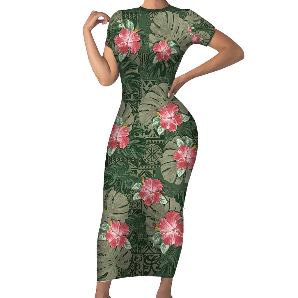 Hawaii Family Matching Short Sleeve Bodycon Dress and Hawaiian Shirt Green Polynesian Monstera Patterns DT05 Mom's Dress Green - Polynesian Pride
