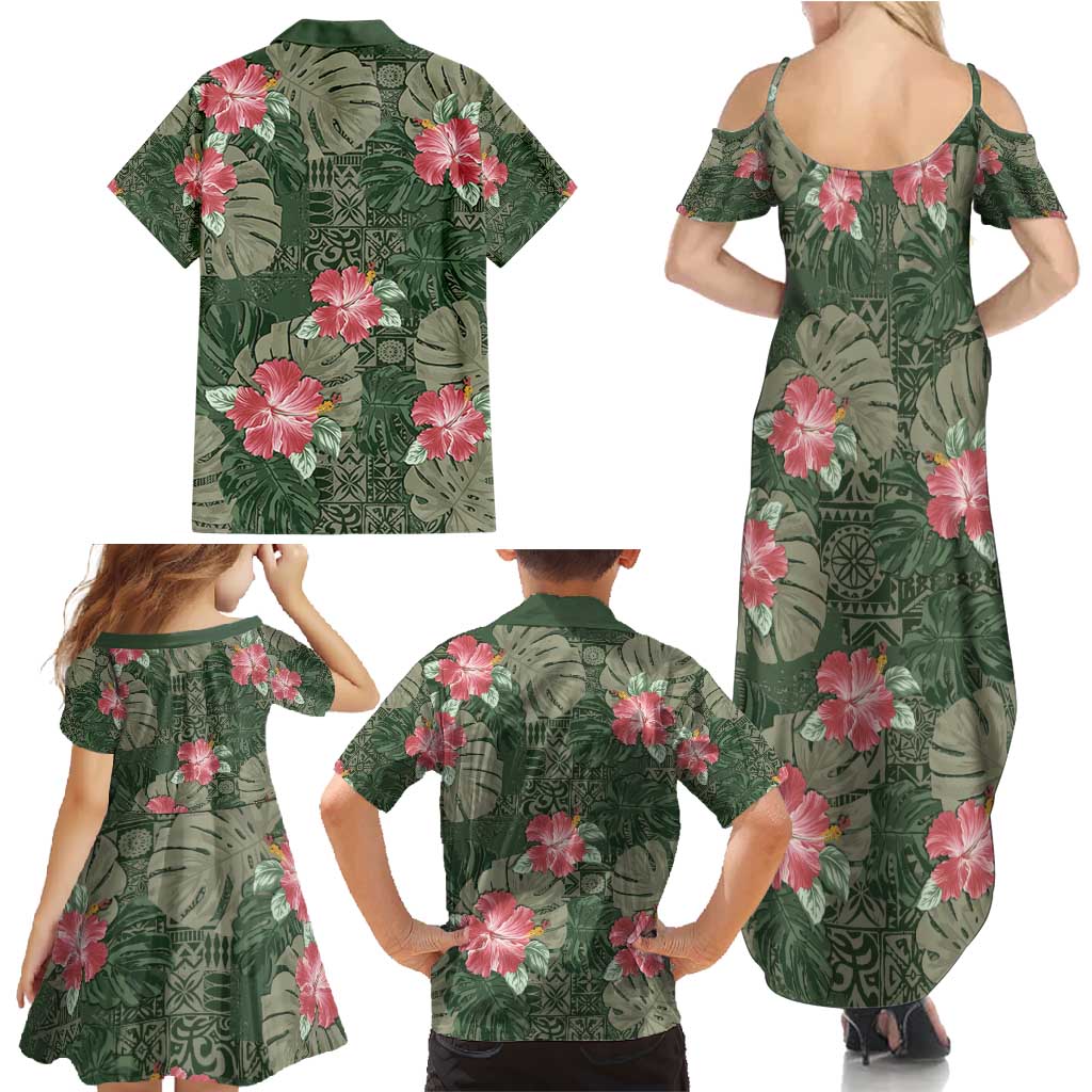 Hawaii Family Matching Summer Maxi Dress and Hawaiian Shirt Green Polynesian Monstera Patterns - Polynesian Pride