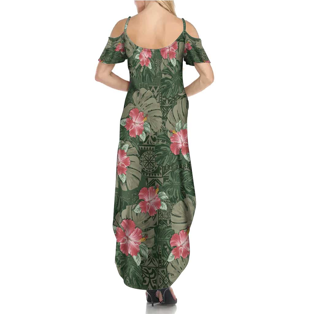 Hawaii Family Matching Summer Maxi Dress and Hawaiian Shirt Green Polynesian Monstera Patterns - Polynesian Pride