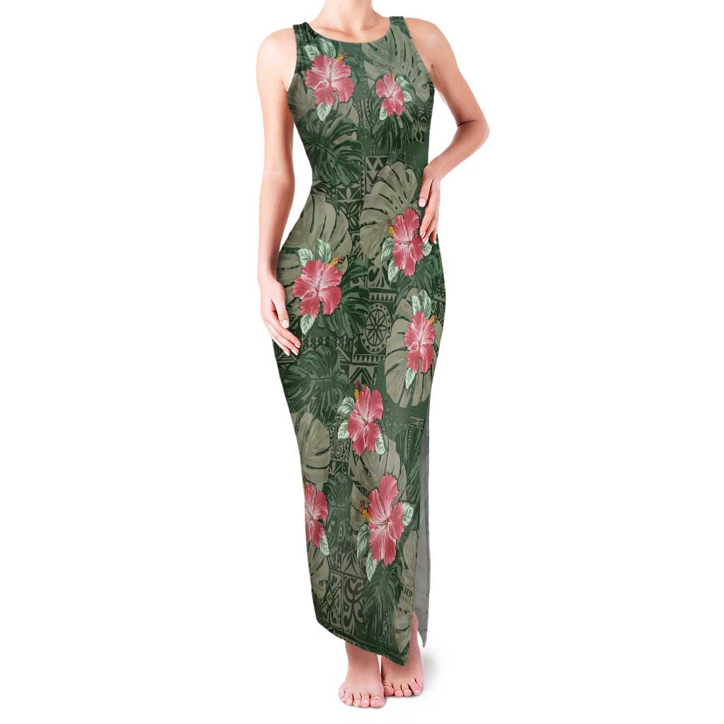 Hawaii Family Matching Tank Maxi Dress and Hawaiian Shirt Green Polynesian Monstera Patterns - Polynesian Pride
