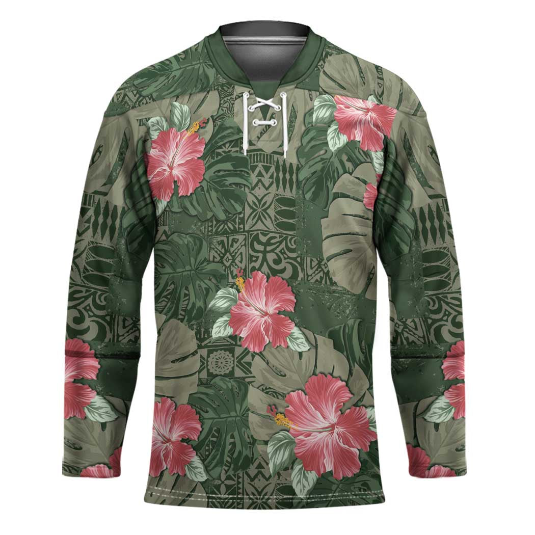 Hawaii Hockey Jersey Green Polynesian Monstera Patterns - Polynesian Pride