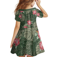 Hawaii Kid Short Sleeve Dress Green Polynesian Monstera Patterns - Polynesian Pride