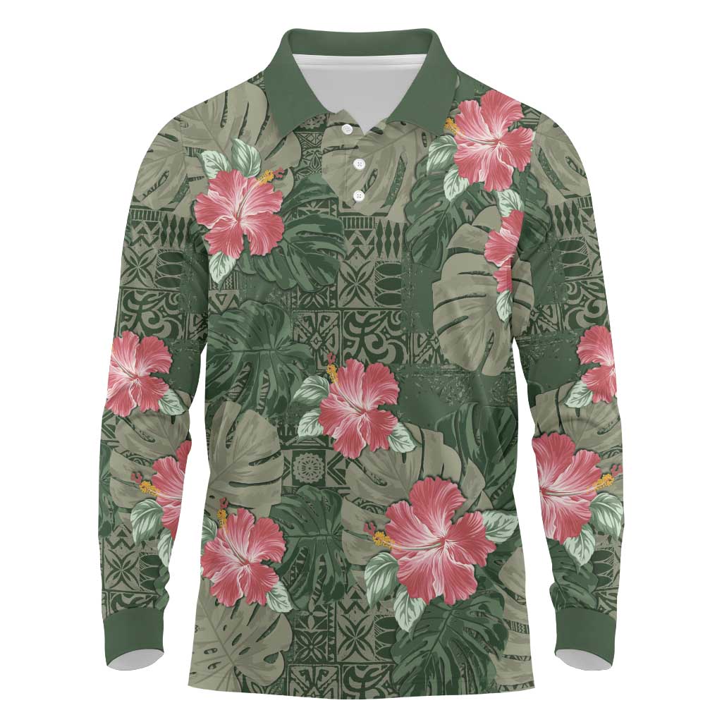 Hawaii Long Sleeve Polo Shirt Green Polynesian Monstera Patterns DT05 Green - Polynesian Pride