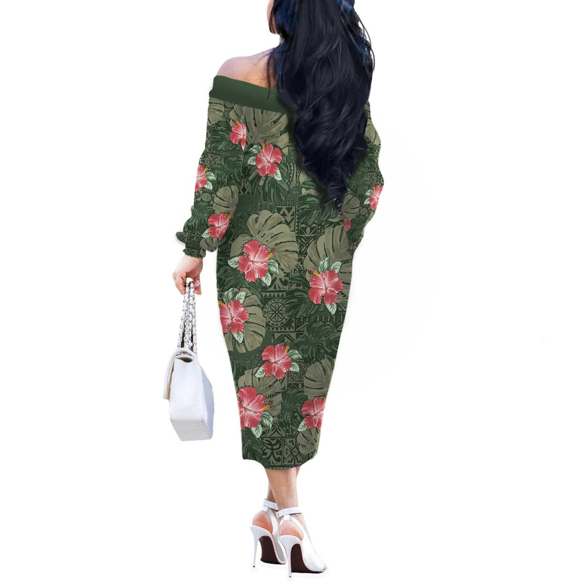 Hawaii Off The Shoulder Long Sleeve Dress Green Polynesian Monstera Patterns - Polynesian Pride