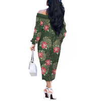 Hawaii Off The Shoulder Long Sleeve Dress Green Polynesian Monstera Patterns - Polynesian Pride