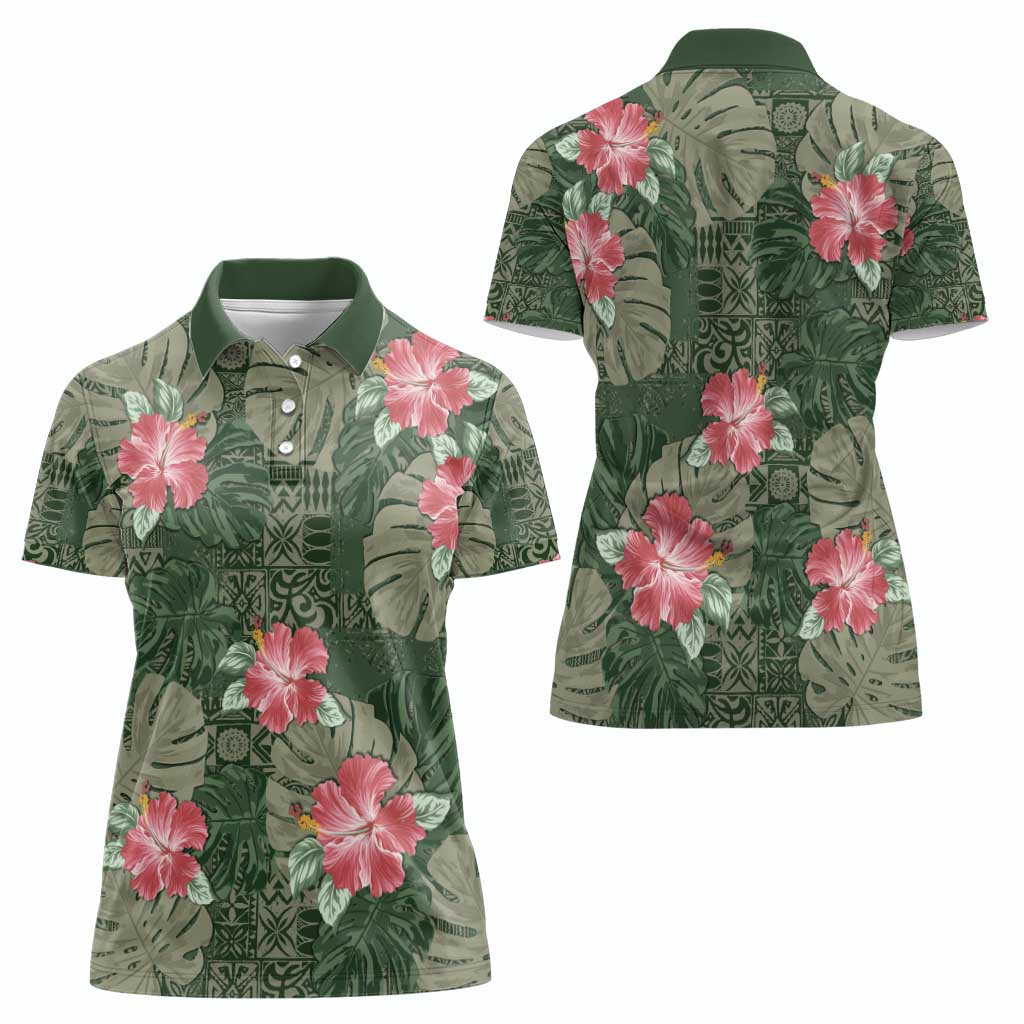 Hawaii Women Polo Shirt Green Polynesian Monstera Patterns - Polynesian Pride