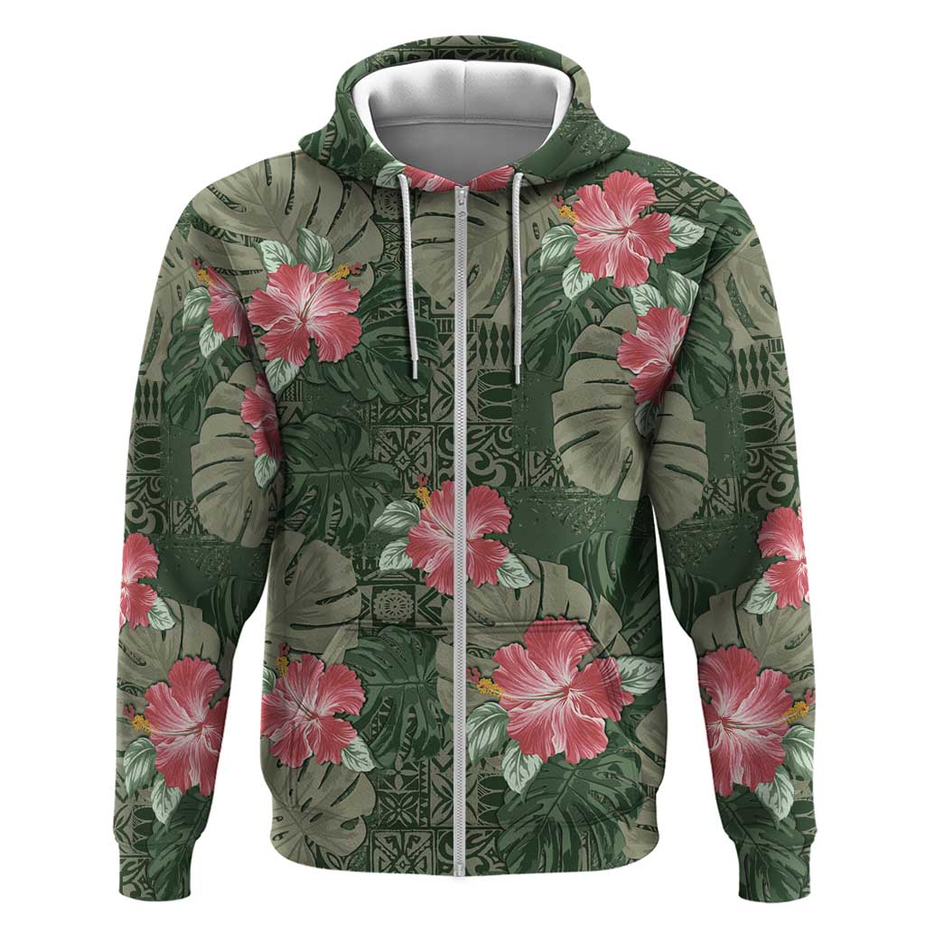 Hawaii Zip Hoodie Green Polynesian Monstera Patterns DT05 Zip Hoodie Green - Polynesian Pride