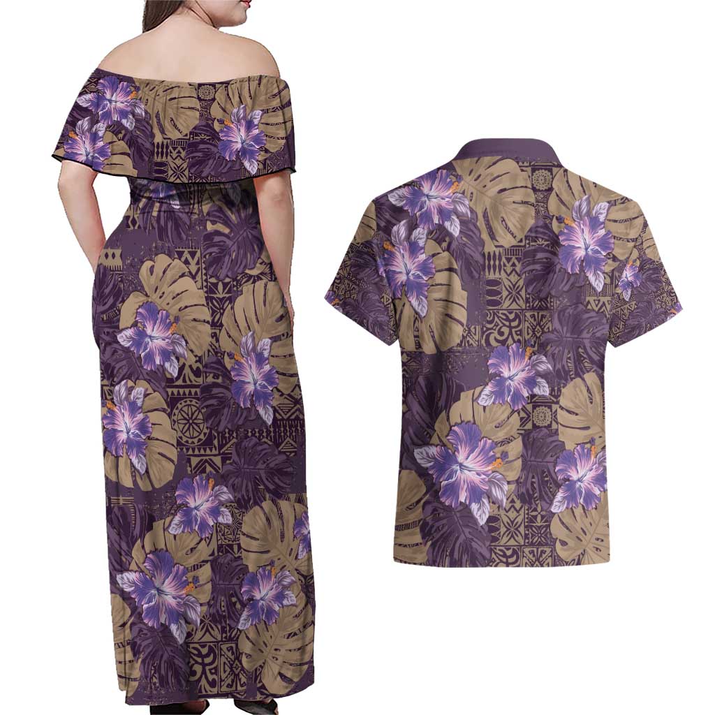 Hawaii Couples Matching Off Shoulder Maxi Dress and Hawaiian Shirt Purple Polynesian Monstera Patterns - Polynesian Pride