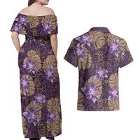 Hawaii Couples Matching Off Shoulder Maxi Dress and Hawaiian Shirt Purple Polynesian Monstera Patterns - Polynesian Pride