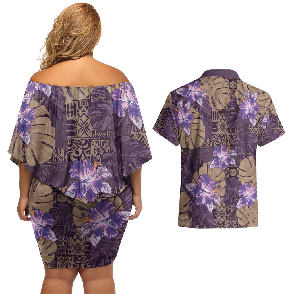 Hawaii Couples Matching Off Shoulder Short Dress and Hawaiian Shirt Purple Polynesian Monstera Patterns - Polynesian Pride