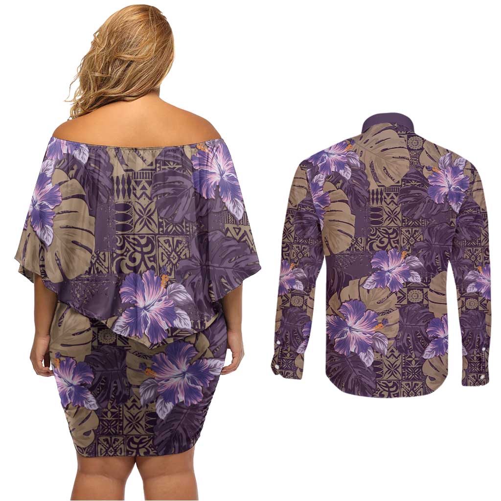 Hawaii Couples Matching Off Shoulder Short Dress and Long Sleeve Button Shirt Purple Polynesian Monstera Patterns - Polynesian Pride