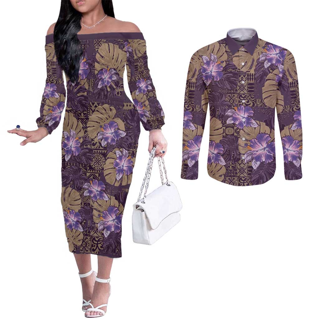 Hawaii Couples Matching Off The Shoulder Long Sleeve Dress and Long Sleeve Button Shirt Purple Polynesian Monstera Patterns - Polynesian Pride