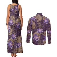 Hawaii Couples Matching Tank Maxi Dress and Long Sleeve Button Shirt Purple Polynesian Monstera Patterns - Polynesian Pride