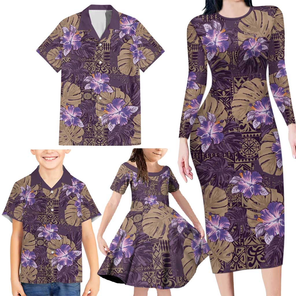 Hawaii Family Matching Long Sleeve Bodycon Dress and Hawaiian Shirt Purple Polynesian Monstera Patterns DT05 - Polynesian Pride