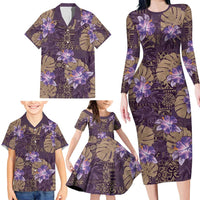 Hawaii Family Matching Long Sleeve Bodycon Dress and Hawaiian Shirt Purple Polynesian Monstera Patterns DT05 - Polynesian Pride
