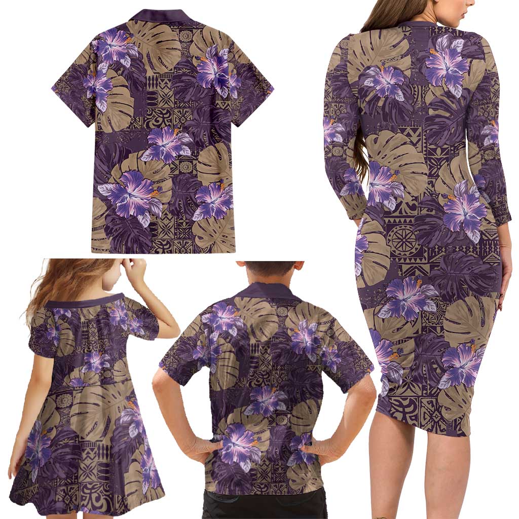 Hawaii Family Matching Long Sleeve Bodycon Dress and Hawaiian Shirt Purple Polynesian Monstera Patterns DT05 - Polynesian Pride