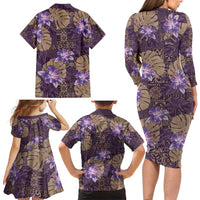 Hawaii Family Matching Long Sleeve Bodycon Dress and Hawaiian Shirt Purple Polynesian Monstera Patterns DT05 - Polynesian Pride