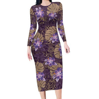 Hawaii Family Matching Long Sleeve Bodycon Dress and Hawaiian Shirt Purple Polynesian Monstera Patterns DT05 Mom's Dress Purple - Polynesian Pride