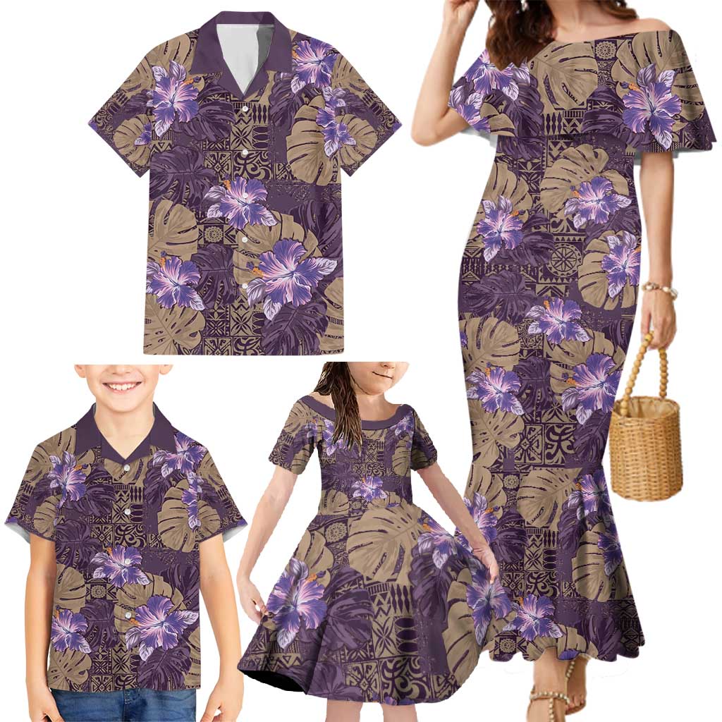 Hawaii Family Matching Mermaid Dress and Hawaiian Shirt Purple Polynesian Monstera Patterns DT05 - Polynesian Pride