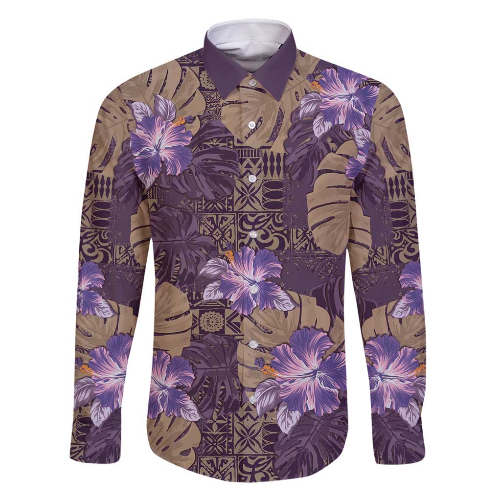 Hawaii Family Matching Mermaid Dress and Hawaiian Shirt Purple Polynesian Monstera Patterns DT05 Dad's Shirt - Long Sleeve Purple - Polynesian Pride