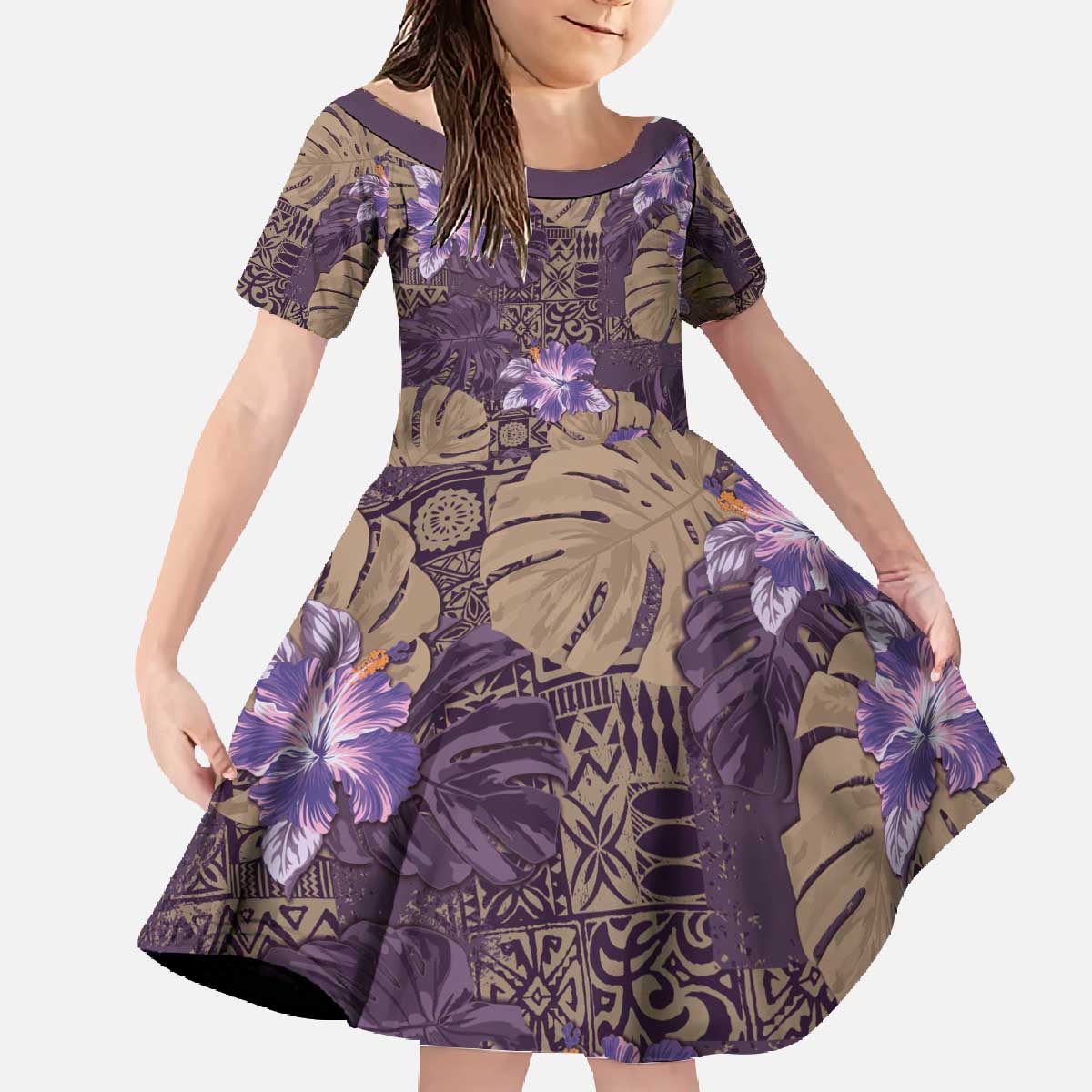 Hawaii Family Matching Off The Shoulder Long Sleeve Dress and Hawaiian Shirt Purple Polynesian Monstera Patterns DT05 Daughter's Dress Purple - Polynesian Pride