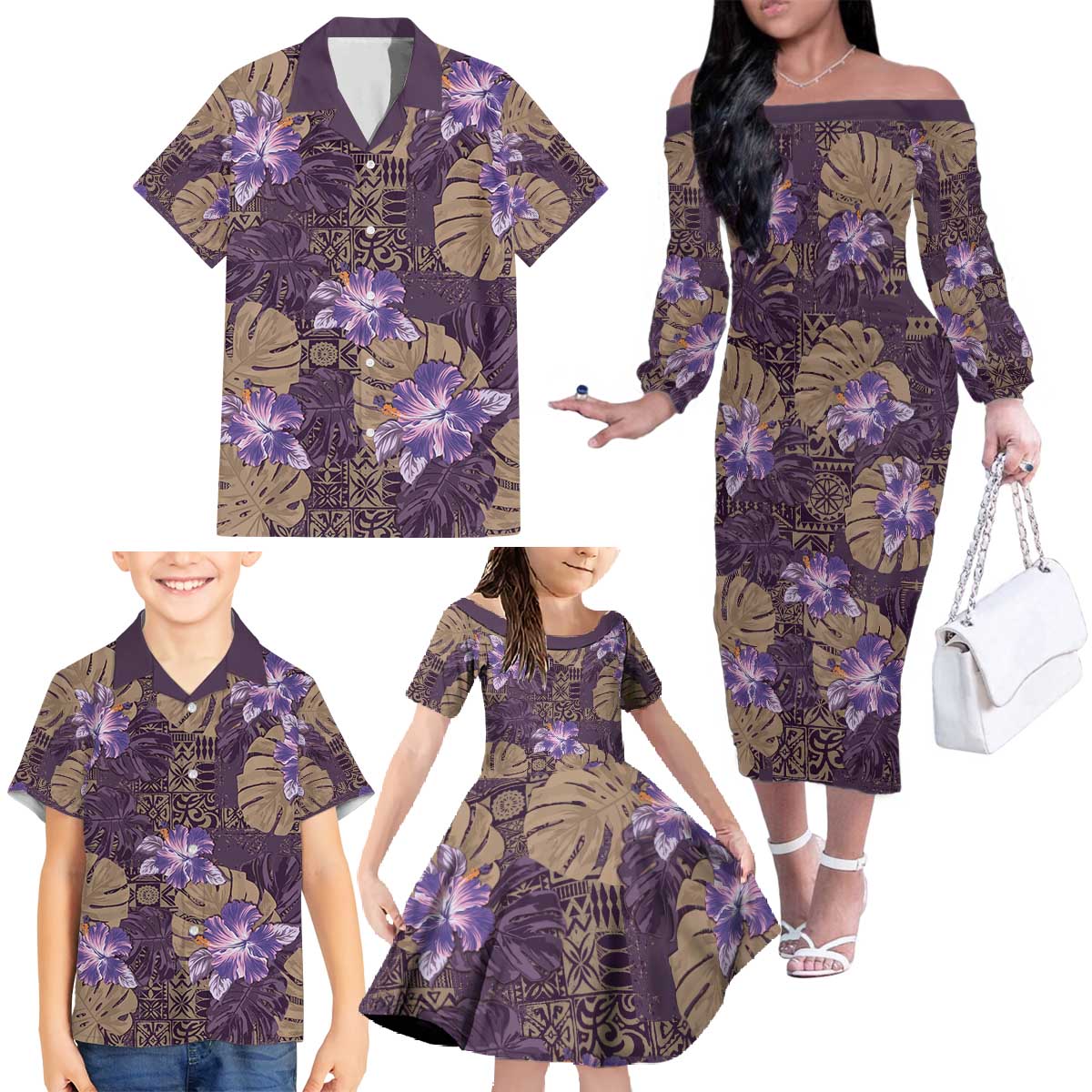 Hawaii Family Matching Off The Shoulder Long Sleeve Dress and Hawaiian Shirt Purple Polynesian Monstera Patterns DT05 - Polynesian Pride