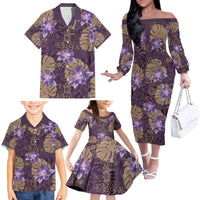 Hawaii Family Matching Off The Shoulder Long Sleeve Dress and Hawaiian Shirt Purple Polynesian Monstera Patterns DT05 - Polynesian Pride