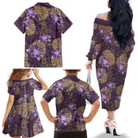 Hawaii Family Matching Off The Shoulder Long Sleeve Dress and Hawaiian Shirt Purple Polynesian Monstera Patterns DT05 - Polynesian Pride