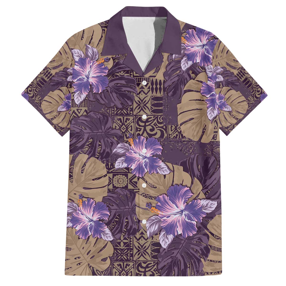 Hawaii Family Matching Off The Shoulder Long Sleeve Dress and Hawaiian Shirt Purple Polynesian Monstera Patterns DT05 Dad's Shirt - Short Sleeve Purple - Polynesian Pride