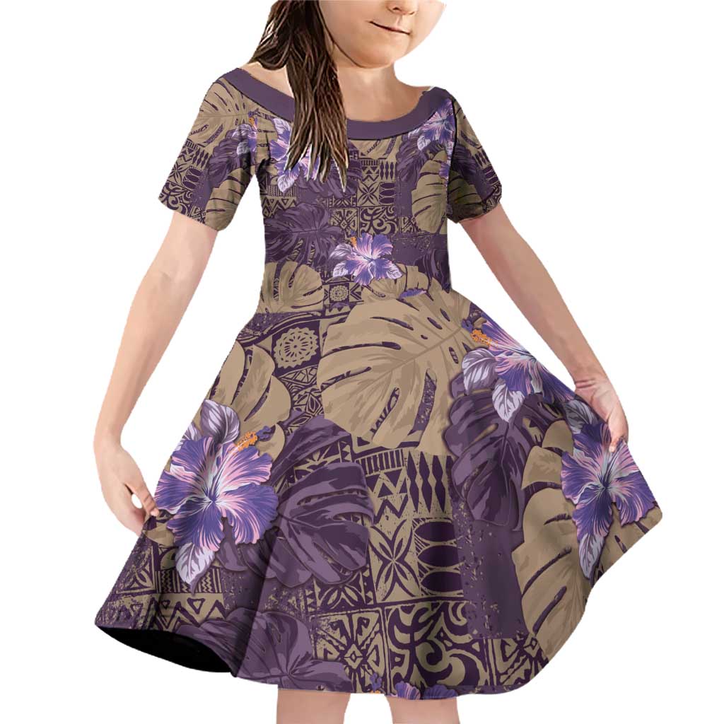 Hawaii Family Matching Off Shoulder Short Dress and Hawaiian Shirt Purple Polynesian Monstera Patterns DT05 Daughter's Dress Purple - Polynesian Pride