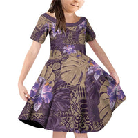 Hawaii Family Matching Off Shoulder Short Dress and Hawaiian Shirt Purple Polynesian Monstera Patterns DT05 Daughter's Dress Purple - Polynesian Pride