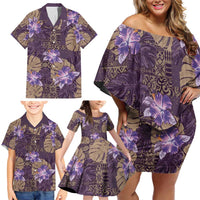 Hawaii Family Matching Off Shoulder Short Dress and Hawaiian Shirt Purple Polynesian Monstera Patterns DT05 - Polynesian Pride