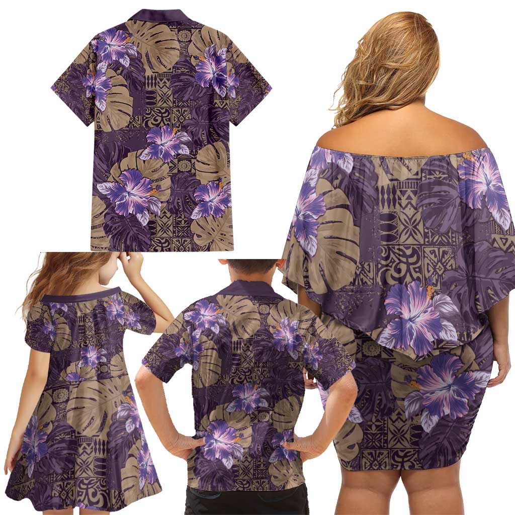 Hawaii Family Matching Off Shoulder Short Dress and Hawaiian Shirt Purple Polynesian Monstera Patterns DT05 - Polynesian Pride