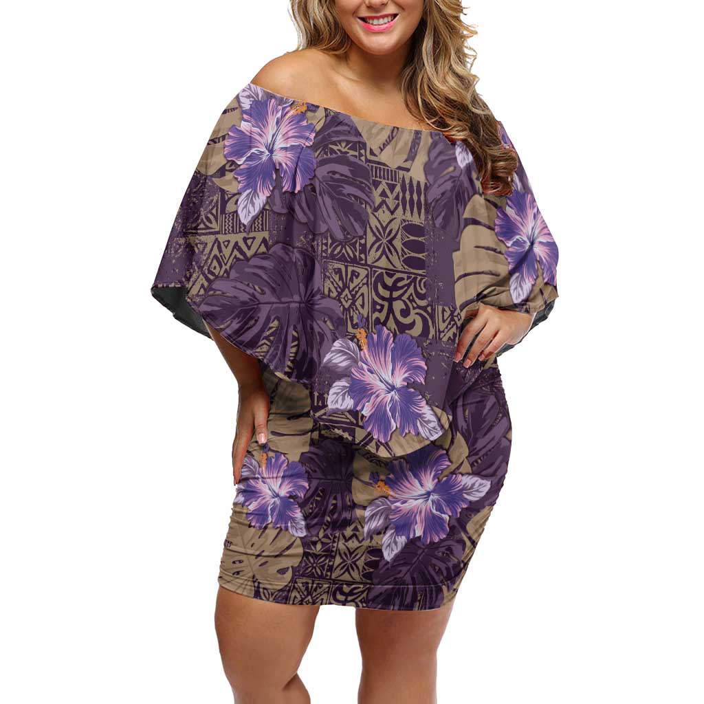 Hawaii Family Matching Off Shoulder Short Dress and Hawaiian Shirt Purple Polynesian Monstera Patterns DT05 Mom's Dress Purple - Polynesian Pride