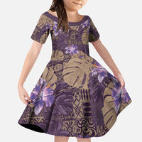 Hawaii Family Matching Short Sleeve Bodycon Dress and Hawaiian Shirt Purple Polynesian Monstera Patterns DT05 Daughter's Dress Purple - Polynesian Pride
