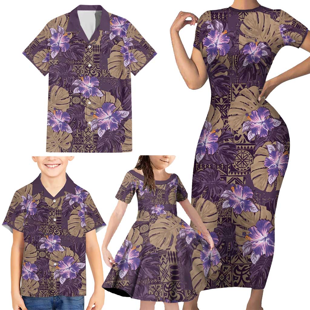 Hawaii Family Matching Short Sleeve Bodycon Dress and Hawaiian Shirt Purple Polynesian Monstera Patterns DT05 - Polynesian Pride