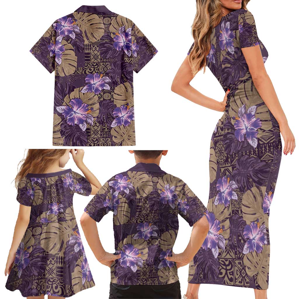Hawaii Family Matching Short Sleeve Bodycon Dress and Hawaiian Shirt Purple Polynesian Monstera Patterns DT05 - Polynesian Pride