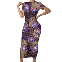 Hawaii Family Matching Short Sleeve Bodycon Dress and Hawaiian Shirt Purple Polynesian Monstera Patterns DT05 Mom's Dress Purple - Polynesian Pride