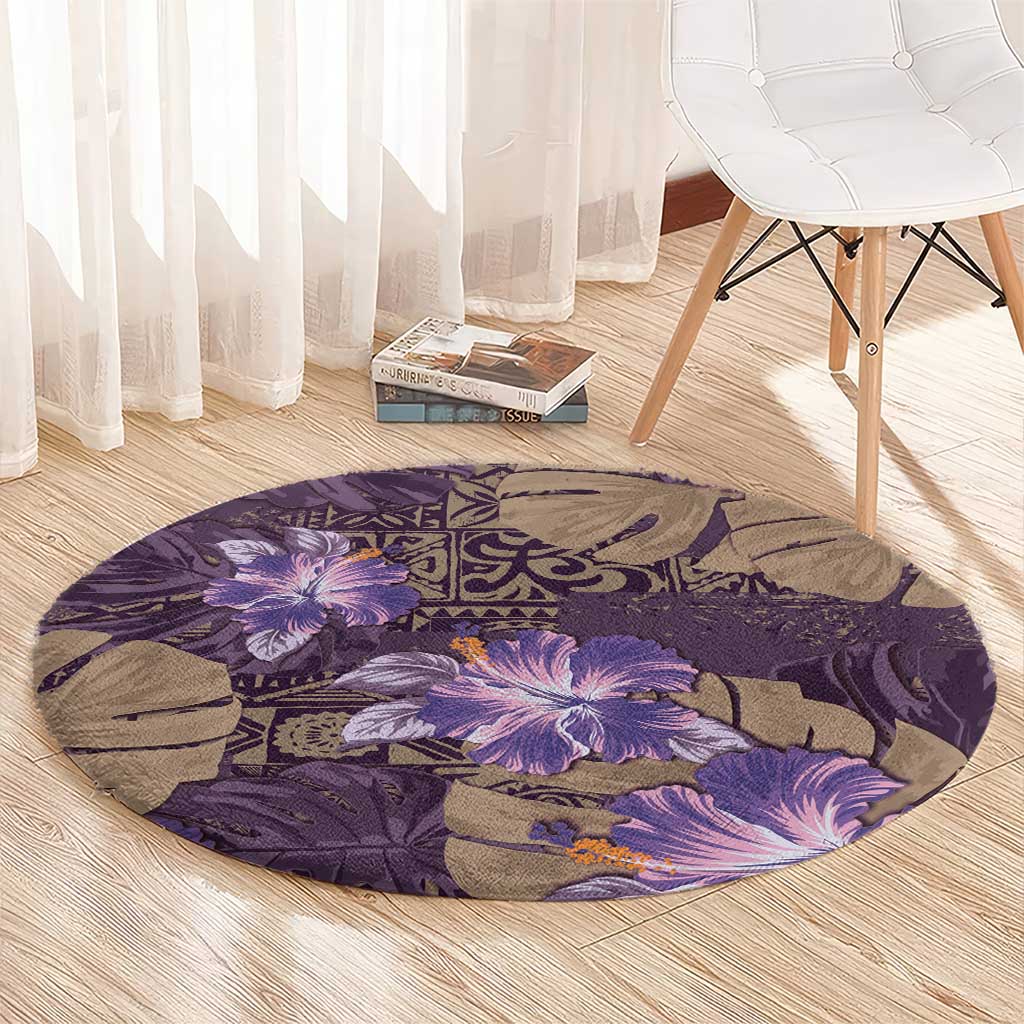 Hawaii Round Carpet Purple Polynesian Monstera Patterns - Polynesian Pride