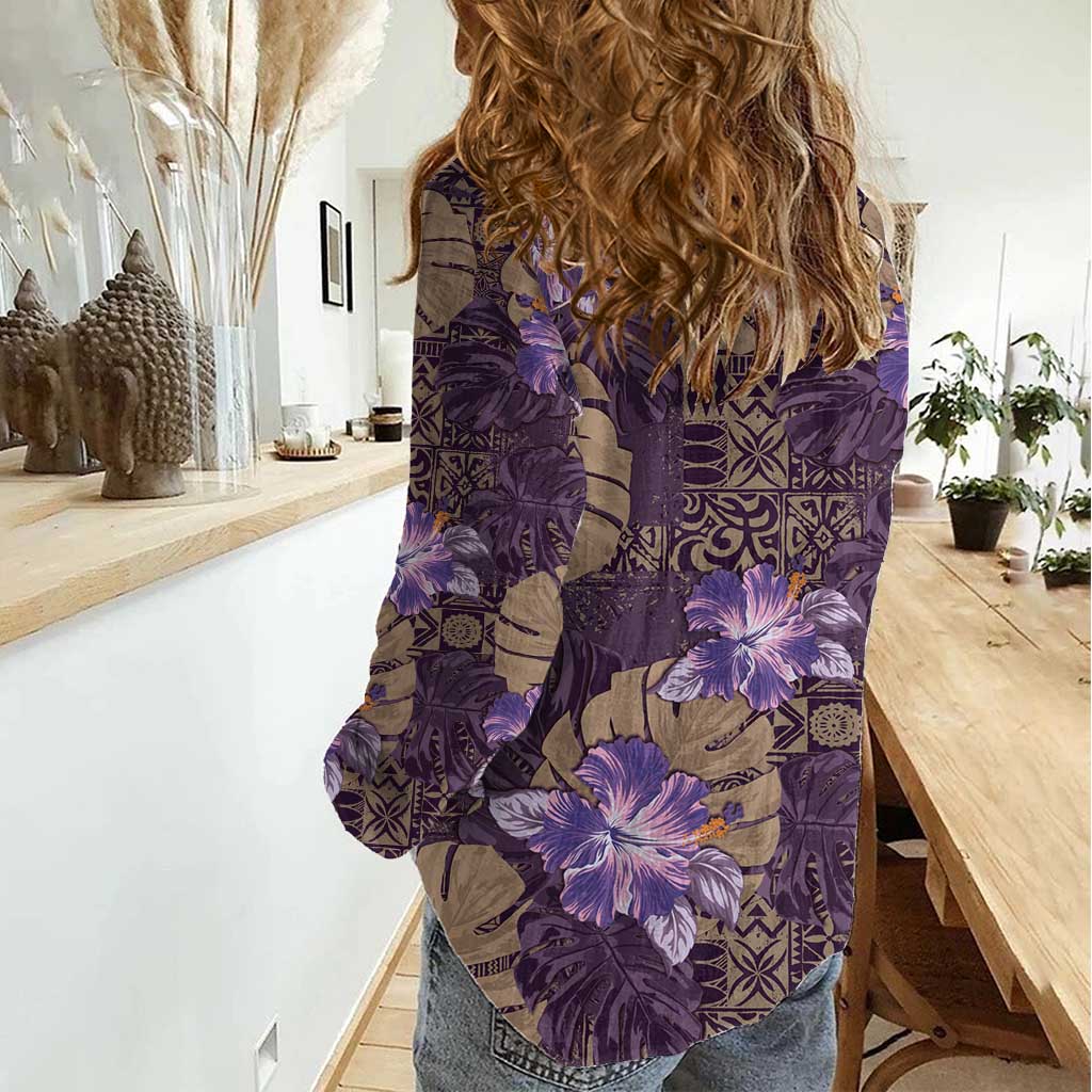 Hawaii Women Casual Shirt Purple Polynesian Monstera Patterns - Polynesian Pride