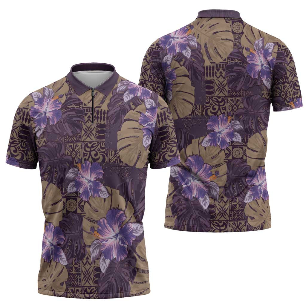 Hawaii Zipper Polo Shirt Purple Polynesian Monstera Patterns - Polynesian Pride