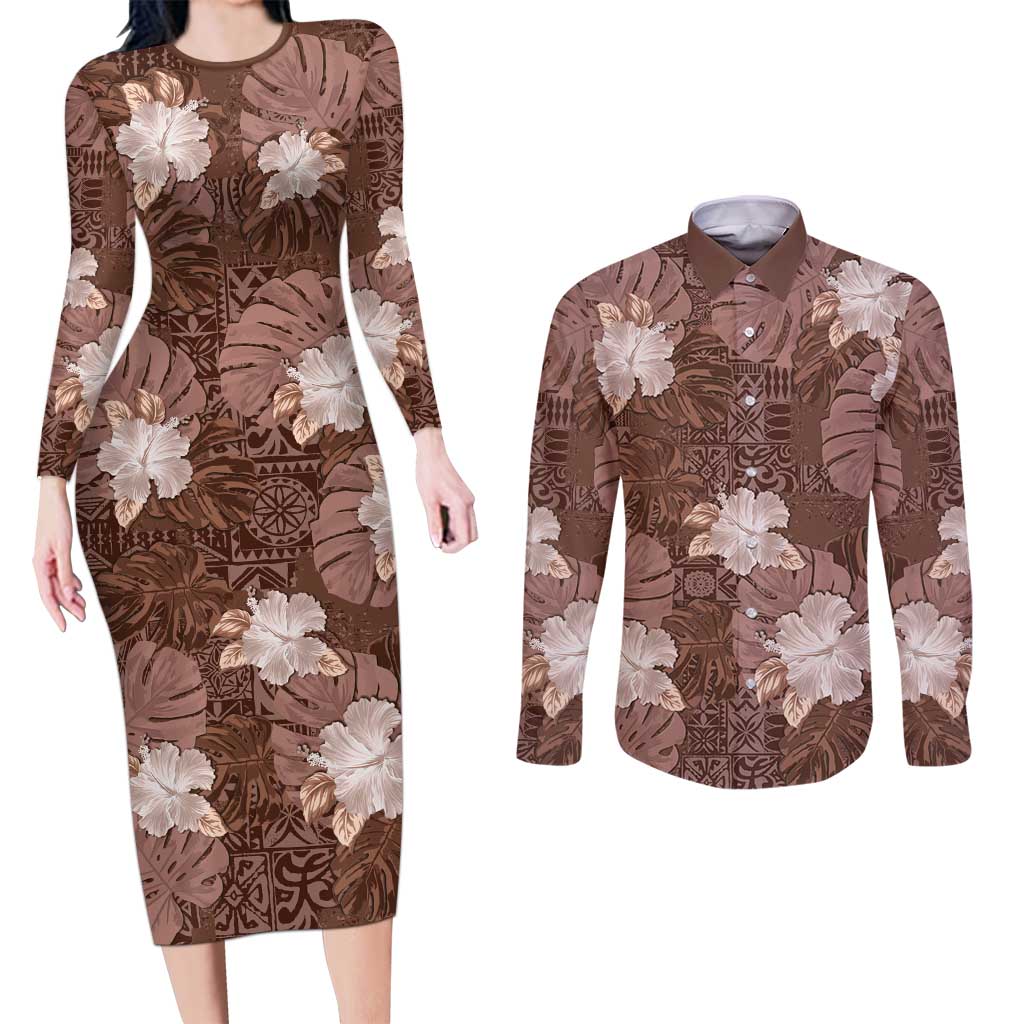 Hawaii Couples Matching Long Sleeve Bodycon Dress and Long Sleeve Button Shirt Brown Polynesian Monstera Patterns - Polynesian Pride