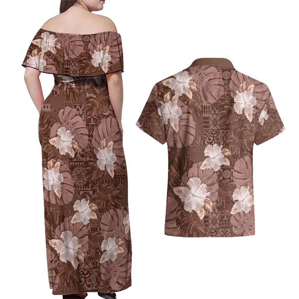 Hawaii Couples Matching Off Shoulder Maxi Dress and Hawaiian Shirt Brown Polynesian Monstera Patterns - Polynesian Pride