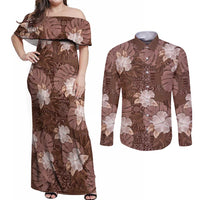 Hawaii Couples Matching Off Shoulder Maxi Dress and Long Sleeve Button Shirt Brown Polynesian Monstera Patterns - Polynesian Pride