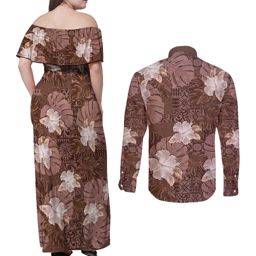 Hawaii Couples Matching Off Shoulder Maxi Dress and Long Sleeve Button Shirt Brown Polynesian Monstera Patterns - Polynesian Pride