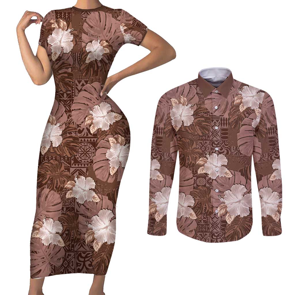 Hawaii Couples Matching Short Sleeve Bodycon Dress and Long Sleeve Button Shirt Brown Polynesian Monstera Patterns - Polynesian Pride