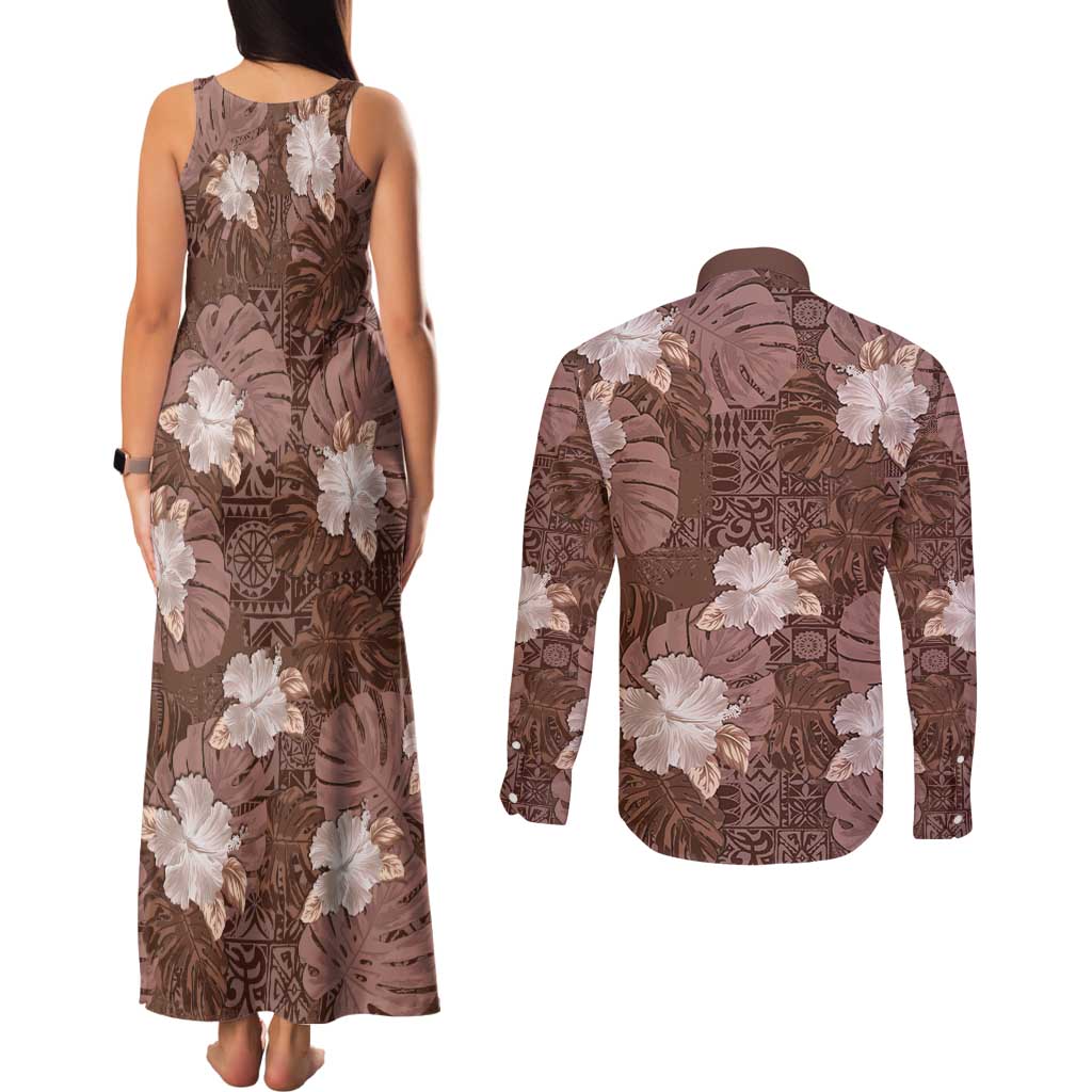 Hawaii Couples Matching Tank Maxi Dress and Long Sleeve Button Shirt Brown Polynesian Monstera Patterns - Polynesian Pride