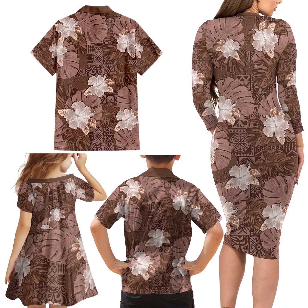 Hawaii Family Matching Long Sleeve Bodycon Dress and Hawaiian Shirt Brown Polynesian Monstera Patterns DT05 - Polynesian Pride