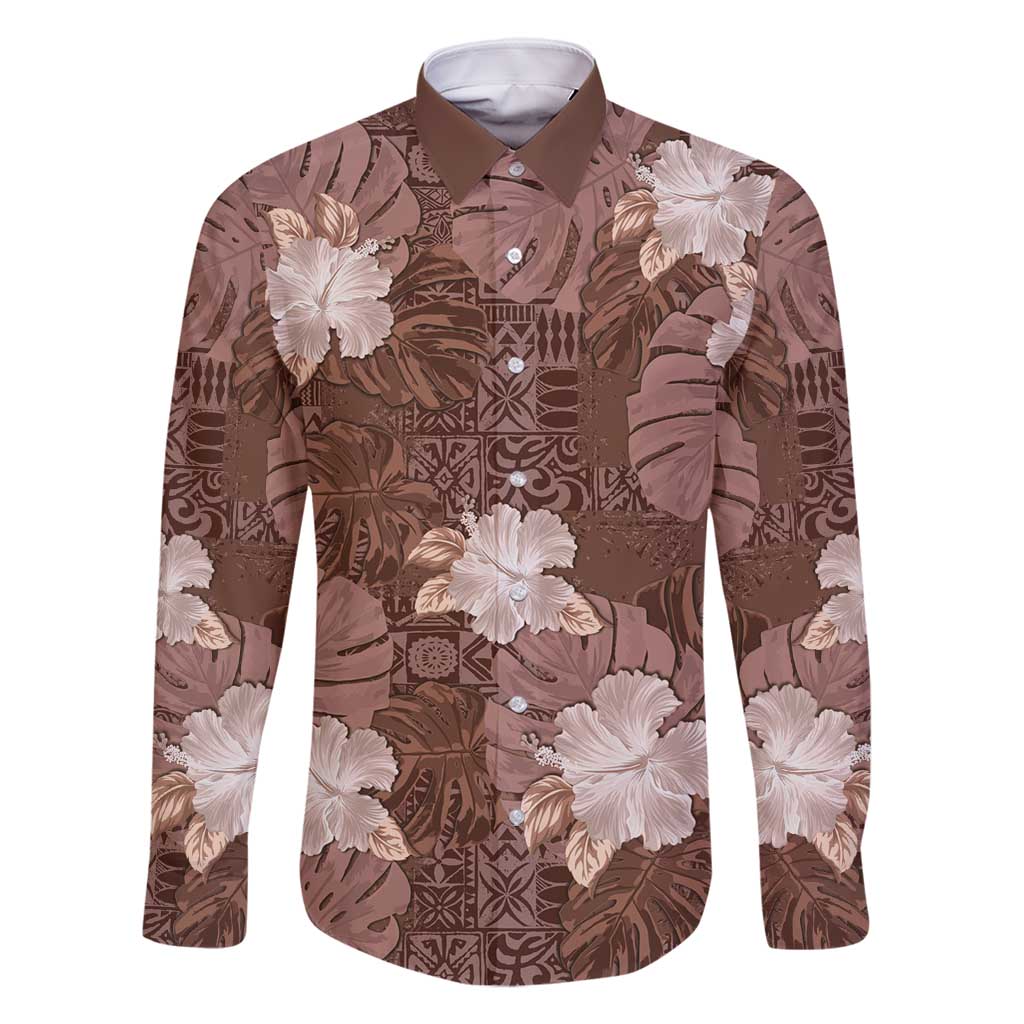 Hawaii Family Matching Long Sleeve Bodycon Dress and Hawaiian Shirt Brown Polynesian Monstera Patterns DT05 Dad's Shirt - Long Sleeve Brown - Polynesian Pride