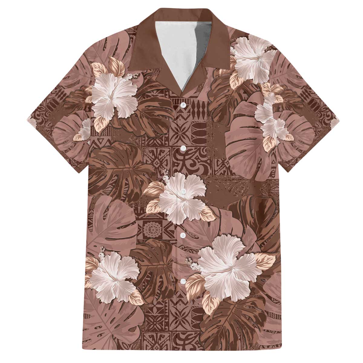 Hawaii Family Matching Off The Shoulder Long Sleeve Dress and Hawaiian Shirt Brown Polynesian Monstera Patterns DT05 Dad's Shirt - Short Sleeve Brown - Polynesian Pride